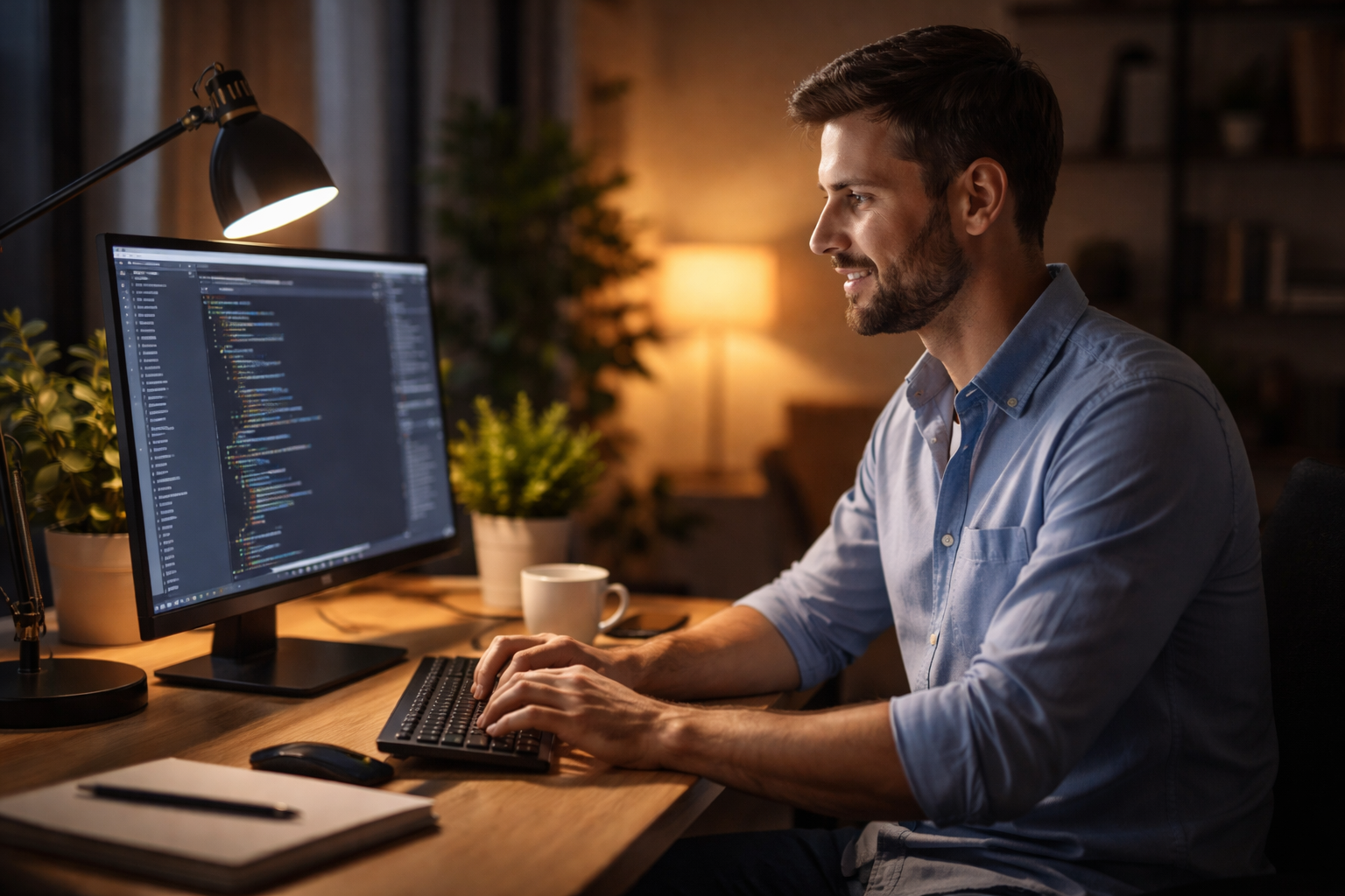 Persoană lucrând la computer cu iluminare corespunzătoare