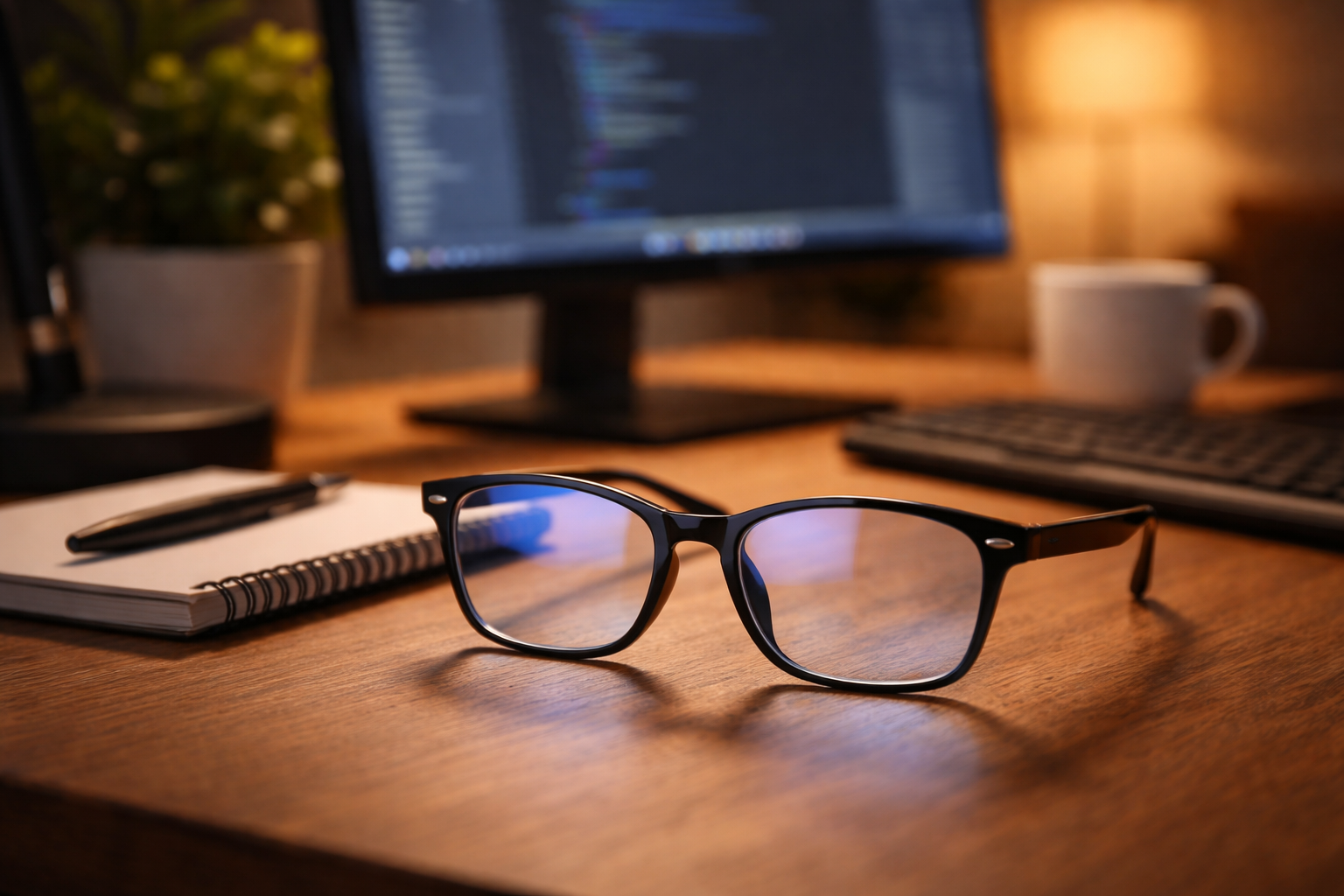 Ochelari cu filtru de lumină albastră pe birou
